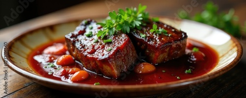 Roasted short ribs in a rich red wine sauce infused with thyme, meat, thyme, dish photo