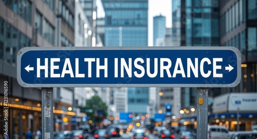 health insurance text on road sign in middle of modern business city background