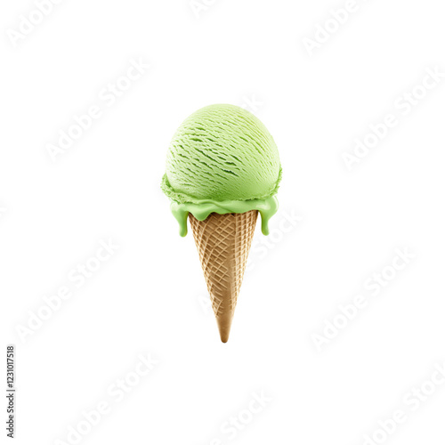 Fresh Mint Green Ice Cream Scoop on Cone Isolated on White Background photo