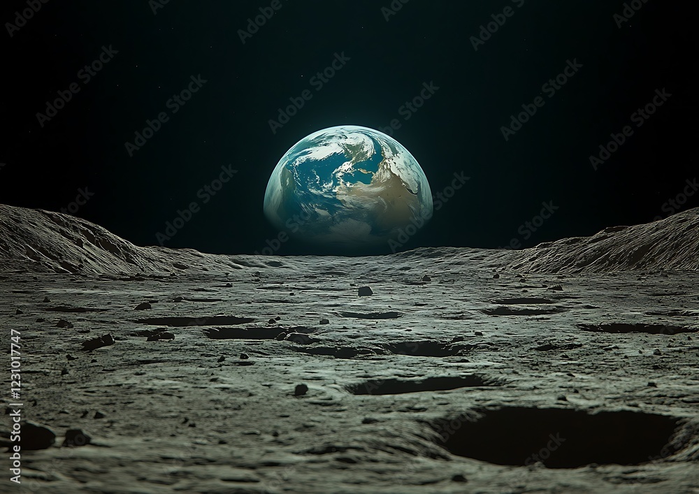 Obraz premium A view of Earth from the moonâ€™s surface, with the distant blue planet rising above the lunar horizon, symbolizing the connection between worlds