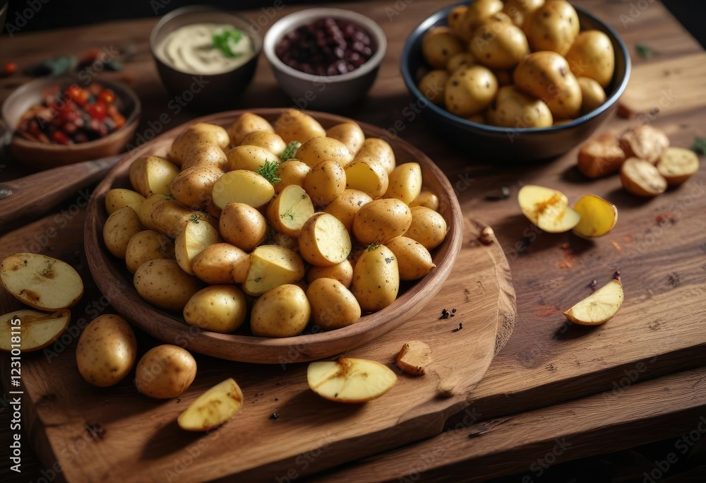 Patatas cortadas sobre una mesa de madera oscura, natural light, home decor Patatas cortadas sobre una mesa de madera oscura, natural light, home decor