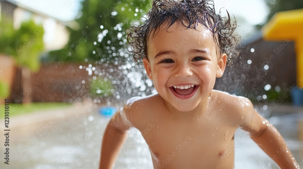 Child joyfully running through a backyard sprinkler on a hot summer day Child joyfully running through a backyard sprinkler on a hot summer day