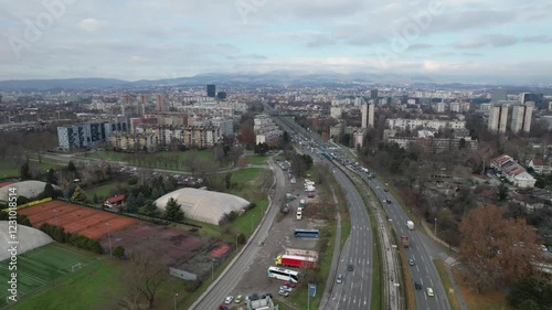 4K Aerial cinematic video - city of Zagreb, capital of Croatia, a view of the famous Marin Držić Avenue between the uptown residential neighborhoods of Savica, Trnje, Pešćenica and Borovje. photo