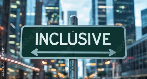 inclusive text on road sign in middle of modern business city background