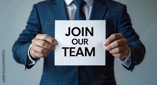 join our team text on plain white paper in hand on guy on formal suit business concept background