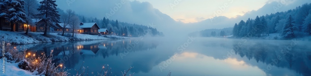 Fototapeta premium A delicate mist rises above a tranquil landscape with twinkling golden Christmas lights reflected in the calm surface of a frozen lake, winter wonderland, ice, serene landscape