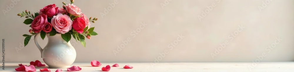 Fototapeta premium A floral arrangement in a ceramic jug on a pedestal, decor, petals
