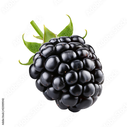 A single blackberry with green leaves, transparent background