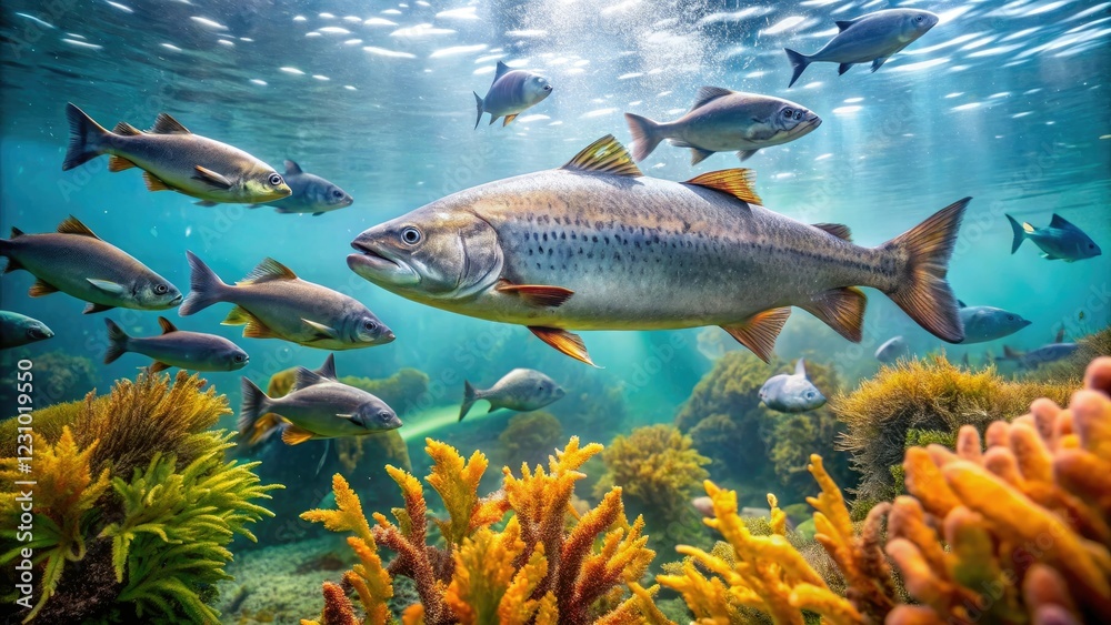 Naklejka premium Fresh salmon swimming in a school near a coral reef with seaweed swaying gently, colorful fish, salmon, tropical background, underwater scene, ocean