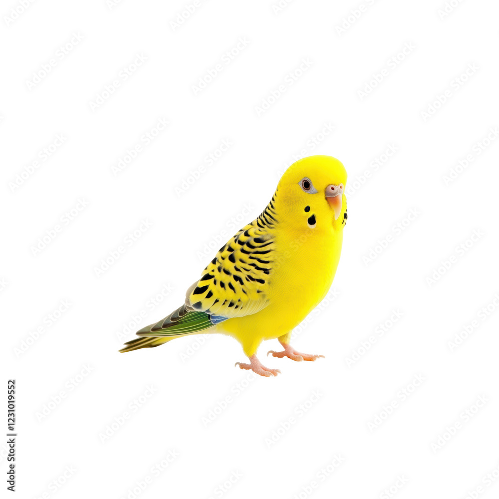 Bright Yellow Parakeet with Green and Black Spots on White Background Bright Yellow Parakeet with Green and Black Spots on White Background