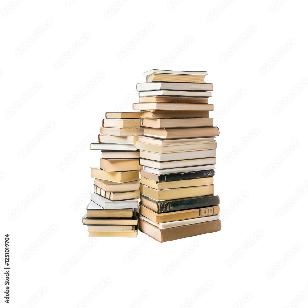 Stack of assorted books in various shapes and sizes on white background Stack of assorted books in various shapes and sizes on white background
