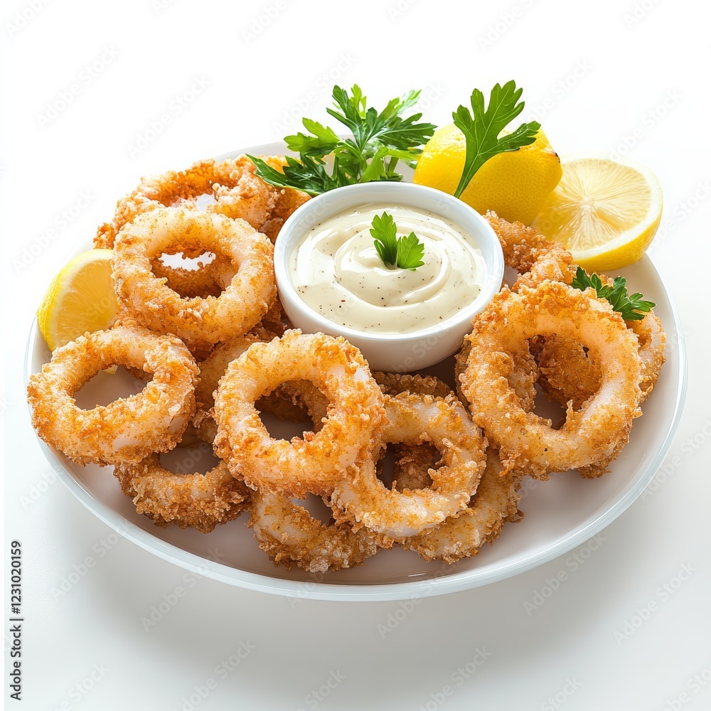 A platter of crispy calamari rings with aioli dipping sauce, isolated white background, classic realism art style A platter of crispy calamari rings with aioli dipping sauce, isolated white background, classic realism art style