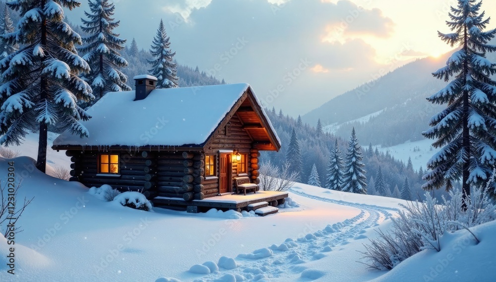 Frosty morning with snowflakes gently falling on the roof of a cozy cabin, frost, snowy landscape Frosty morning with snowflakes gently falling on the roof of a cozy cabin, frost, snowy landscape