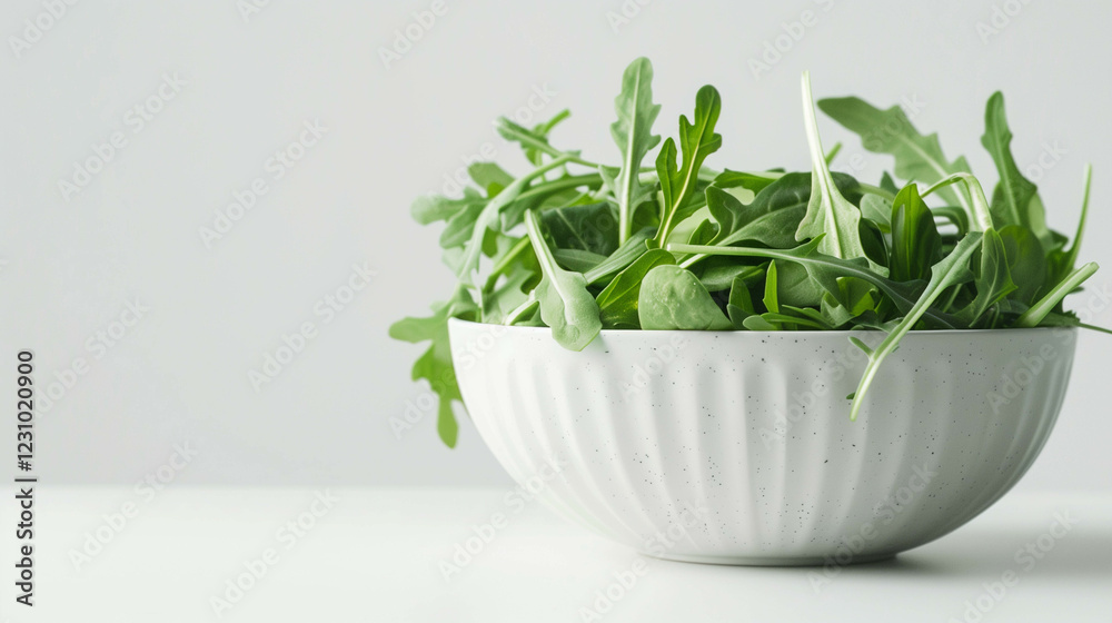 Fresh green microgreens in a white bowl on a light, minimalistic background Fresh green microgreens in a white bowl on a light, minimalistic background