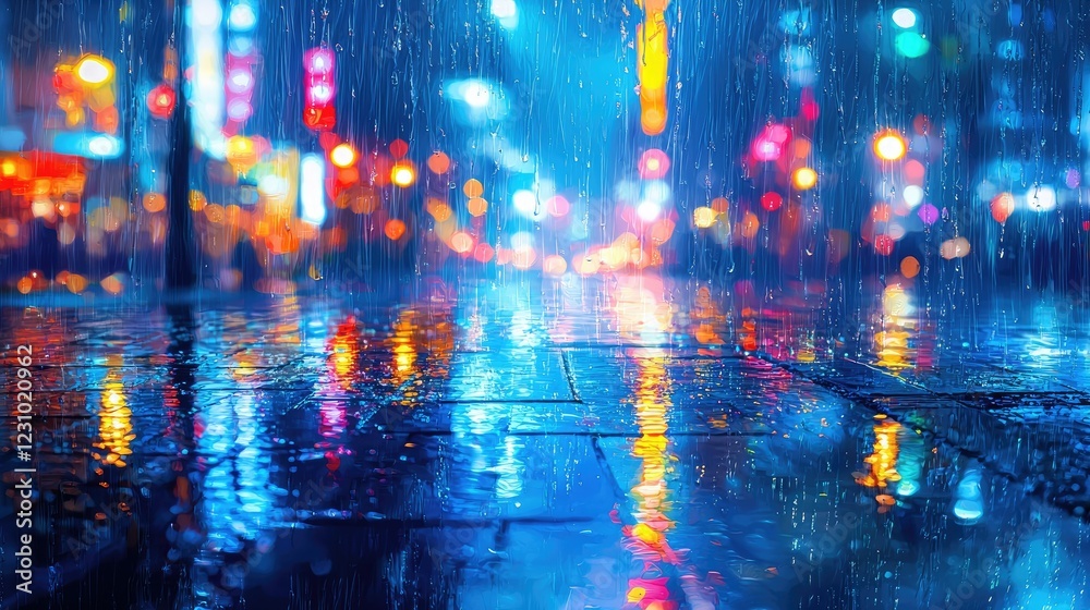Fototapeta premium Rainy Night City Street Reflections Lights