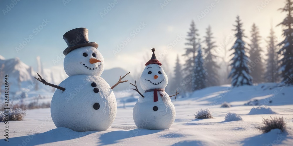 Obraz premium Frosty winter landscape with snowman in the foreground , snowman, icy