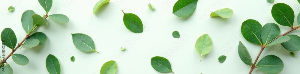 Naklejka premium Freshly picked eucalyptus leaves scattered on white paper, green, isolated