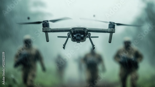 Military drones soar amid tactical operations in a misty landscape