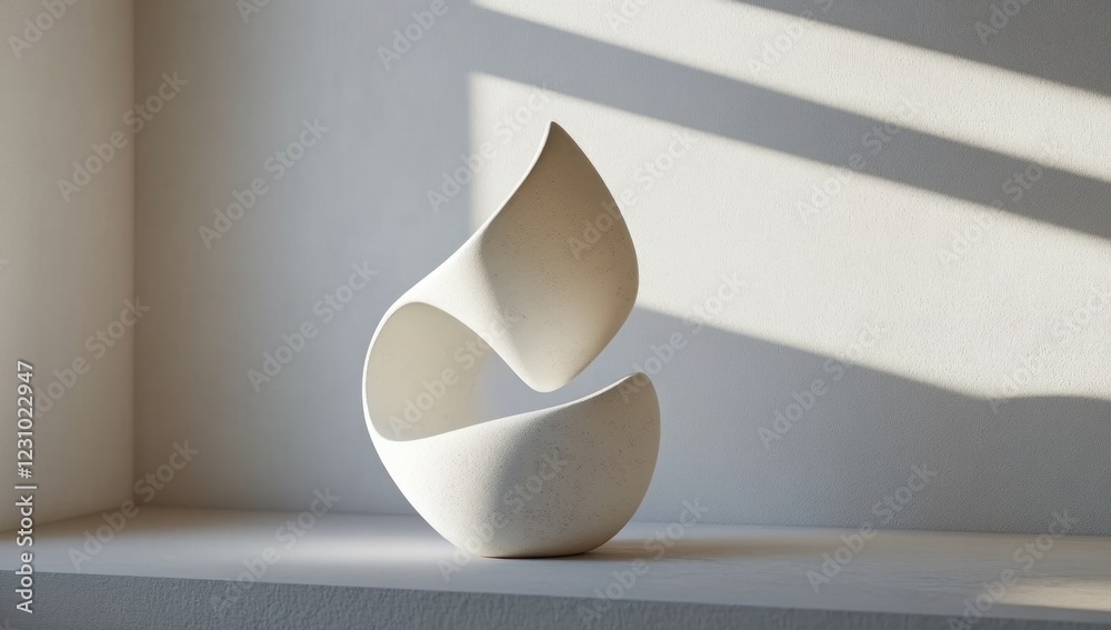 Fototapeta premium Minimalist white sculpture rests on a shelf bathed in sunlight