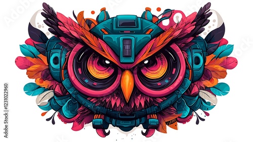 Colorful and vibrant illustration of a futuristic owl with mechanical elements and foliage photo