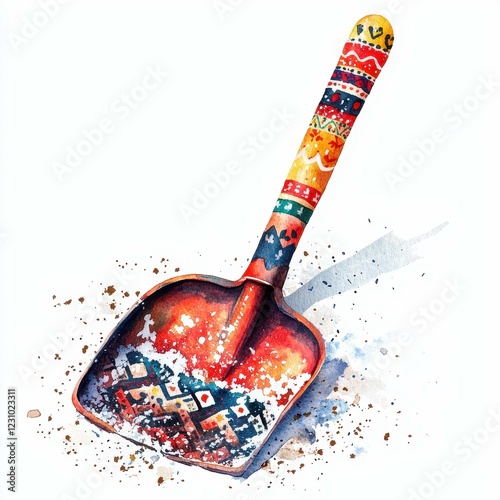 Colorful hand-painted shovel on white background. photo