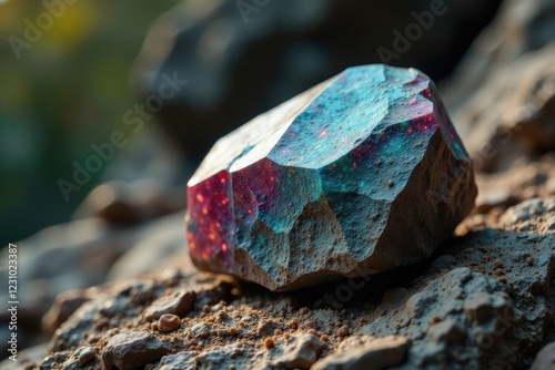 Large lodestone crystal in a rocky outcropping, earthy tones, minerals
