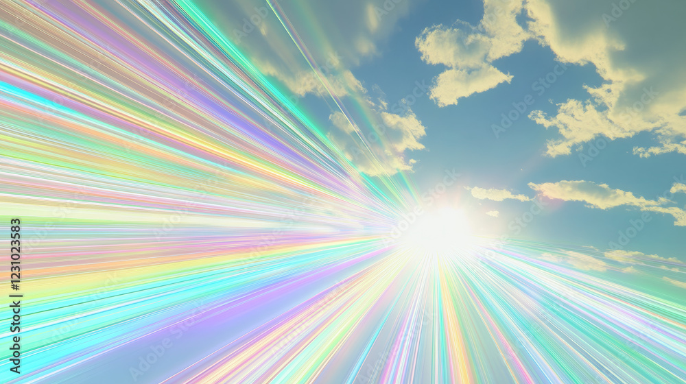 Fototapeta premium Colorful light rays burst through clouds in sky