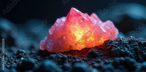 Luminous aragonite crystal embedded in a dark rock matrix, natural, aragonite