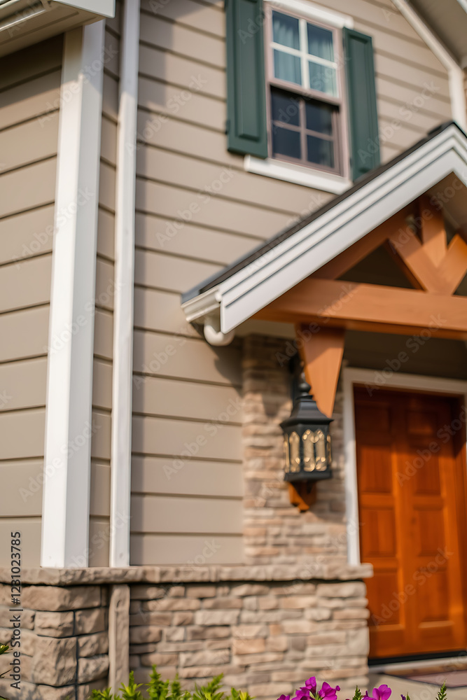 Naklejka premium Elegant Home Exterior: Stone, Wood, and Modern Design. Real Estate Photography showcasing a luxurious house with stunning architectural details.