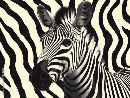 Artwork of a zebra with intricate black and white stripes, seamlessly blending into a unique pattern-filled background, creating an optical illusion