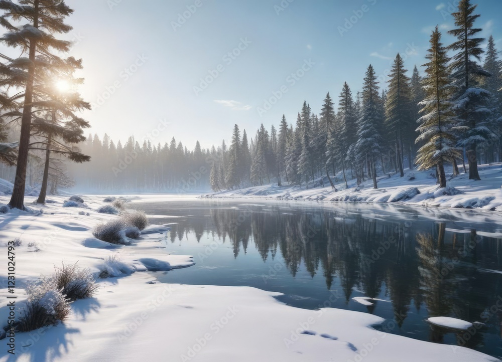 Obraz premium Snowy winter landscape with frozen lake and pine trees, snow covered pine trees, frozen lake landscape, serene snowy winter landscape