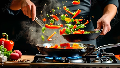 Culinary action kitchen food photography dynamic environment close-up vibrant cooking techniques