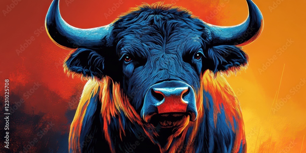 Vivid illustration of a powerful bull with prominent horns set against a dynamic gradient background, highlighting its striking features in an artistic manner. Vivid illustration of a powerful bull with prominent horns set against a dynamic gradient background, highlighting its striking features in an artistic manner.
