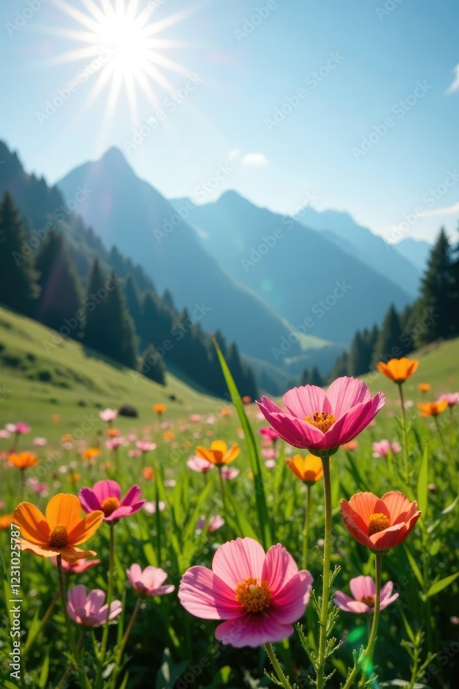 Fototapeta premium Sunlight filters through flowers in a mountain meadow, flowers, wildflowers