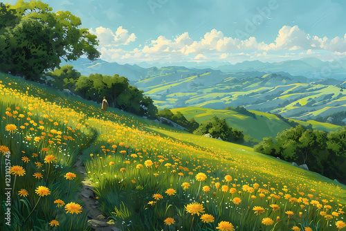 nature walk, rolling green hills, dappled with golden dandelions and the sound of fresh grass crunching underfoot a serene scene stretching into the distance