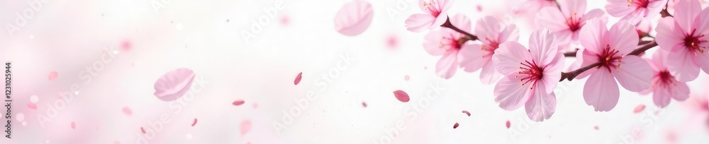 Fototapeta premium Soft pink petals gently falling on a white background, pastel, cherry blossoms