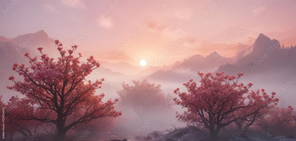 Pale pastel hues of rose and peach blend with misty fog creating an otherworldly ambiance, atmospheric conditions, serene landscape, misty Pale pastel hues of rose and peach blend with misty fog creating an otherworldly ambiance, atmospheric conditions, serene landscape, misty