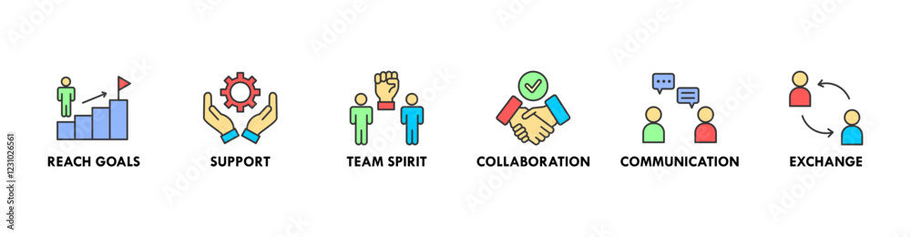 Working together banner web icon vector illustration concept for team management with an icon of collaboration, reach goals, team spirit, support, communication, and exchange Working together banner web icon vector illustration concept for team management with an icon of collaboration, reach goals, team spirit, support, communication, and exchange