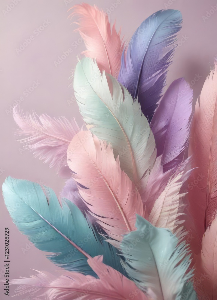 Naklejka premium Pastel colored feathers blend harmoniously with a subtle gradient background, creating an otherworldly atmosphere , calming, gentle, background