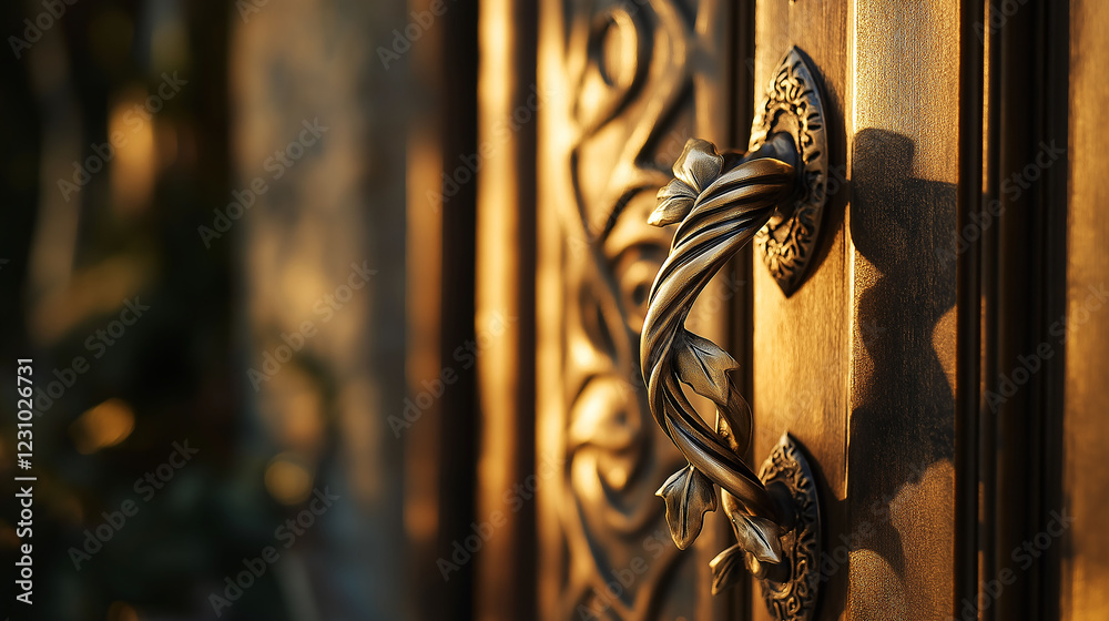 A luxurious brass door handle shaped like a twisting vine, elegantly designed and captured in soft golden-hour lighting A luxurious brass door handle shaped like a twisting vine, elegantly designed and captured in soft golden-hour lighting