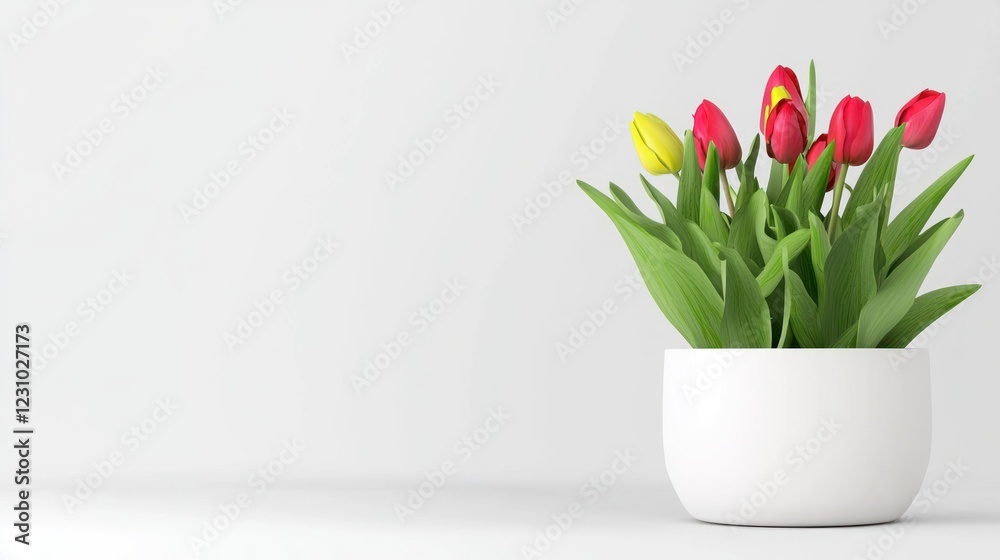 Red And Yellow Tulips In A White Pot On White Background Red And Yellow Tulips In A White Pot On White Background