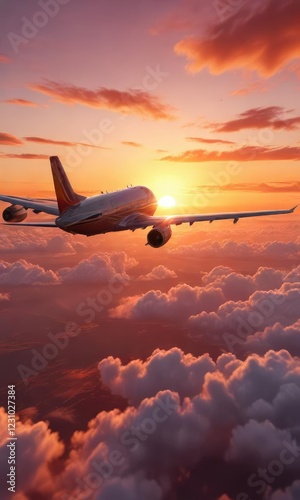Plane gliding smoothly through orange and red hues of sunset against a cloudy backdrop, aviation scene, flying plane