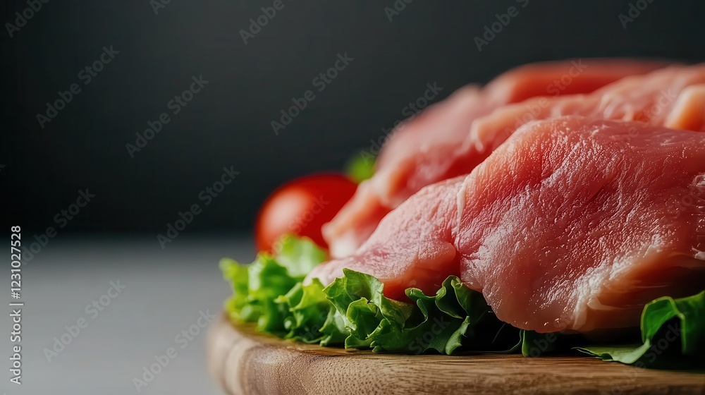 Fresh chicken fillet with greens and tomatoes on wooden board Fresh chicken fillet with greens and tomatoes on wooden board