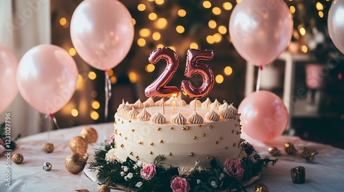 Delicious birthday cake celebrating 25 years with balloons and bokeh lights photo