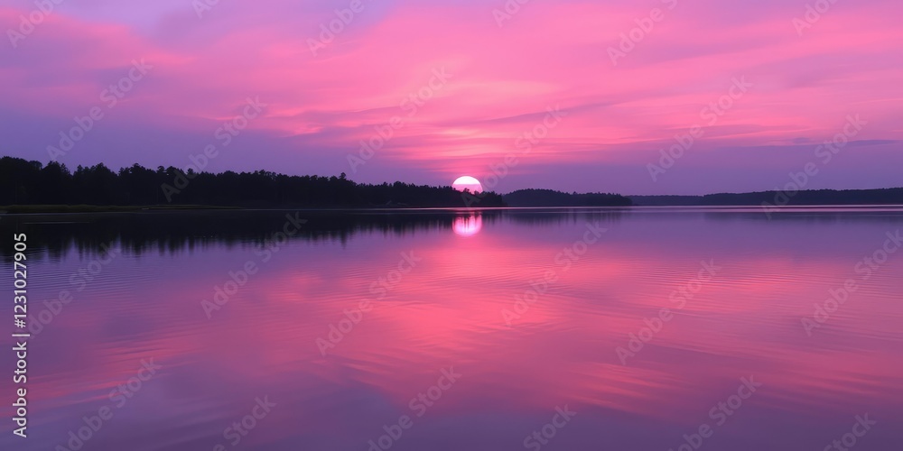 Obraz premium Purple and pink hues of an aquatic sunset reflected in the calm waters of a serene lake, sunset, water features
