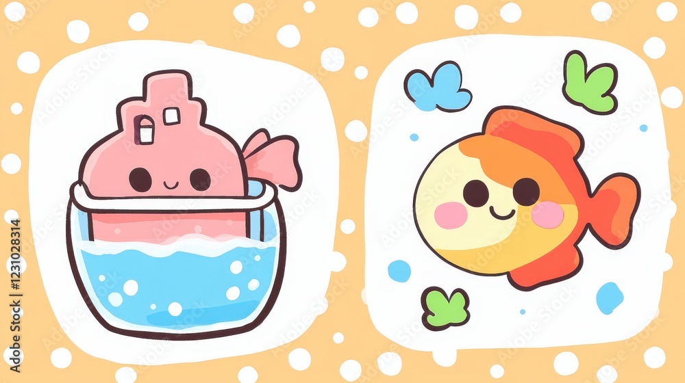 Cute Cartoon Characters of Pink Fish Tank and Happy Goldfish with Bubbles Cute Cartoon Characters of Pink Fish Tank and Happy Goldfish with Bubbles