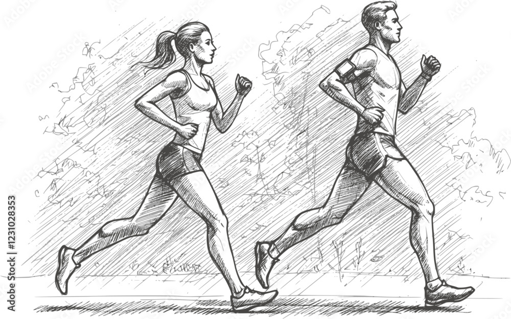 Fototapeta premium Running man and woman, isolated vector charcoal silhouettes. Run, side view. Charcoal sketches of athletic looking male and female runners running. EPS 10 version.