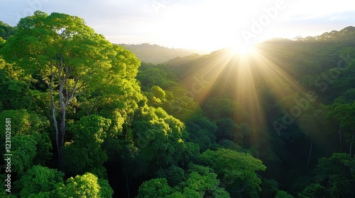 Sunlight breaks through the green canopy in a vibrant forest landscape