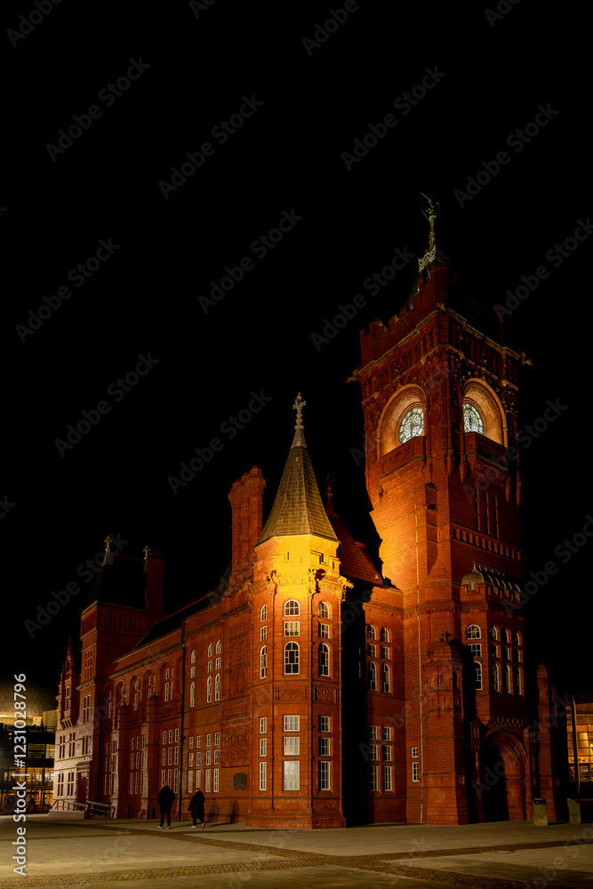Pierhead Building illuminating Cardiff Bay at night Pierhead Building illuminating Cardiff Bay at night
