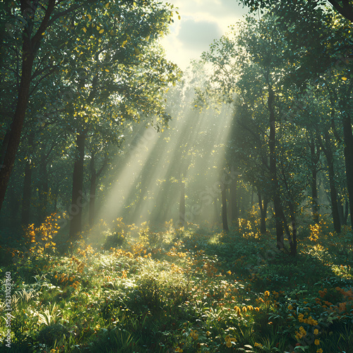 Serene Spring Forest Landscape with Sunlight Through Lush Greenery and Vibrant Flowers photo